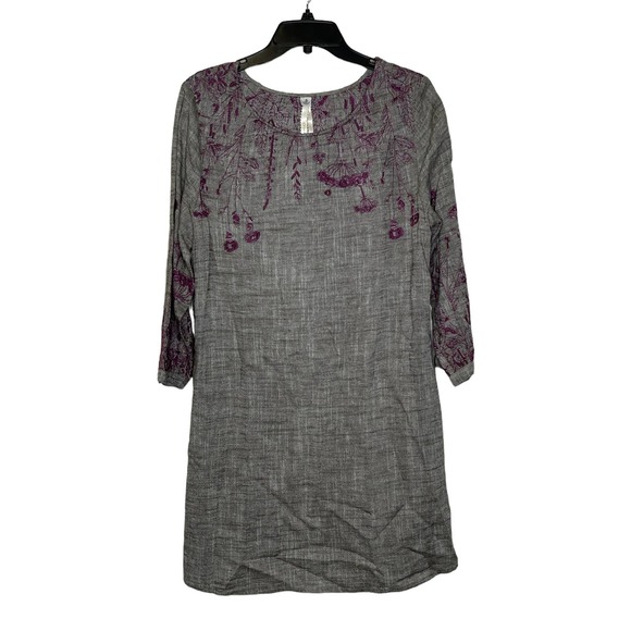 Uncle Frank Dress‎ Size Small Gray Purple Floral Embroidery Pockets Linen Blend - Picture 1 of 7